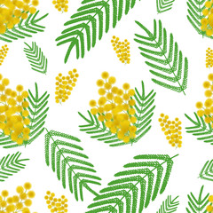 Naklejka na ściany i meble Seamless vector pattern of yellow mimosa and large leaves. Plants on an isolated background. Idea for book, magazine, greeting card design. Spring print. Flat style.