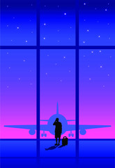 Fototapeta na wymiar man at the airport with a suitcase on the background of the plane, gradient