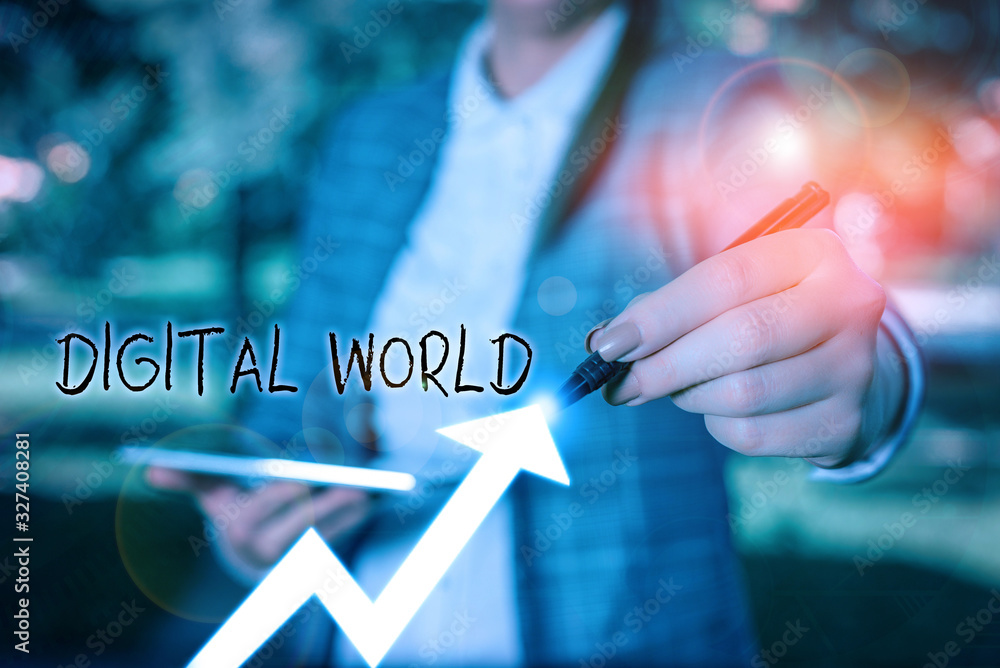 Poster writing note showing digital world. business concept for inter connected through digital devices and