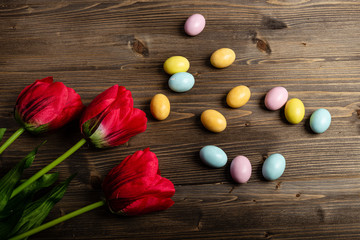 Piccoli uova di Pasqua con tulipani rossi