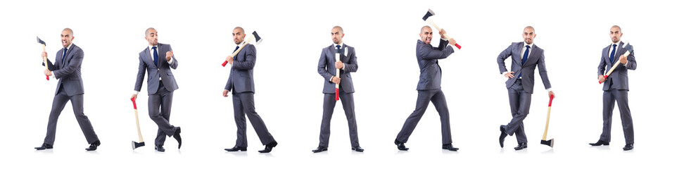 Funny businessman with axe on white