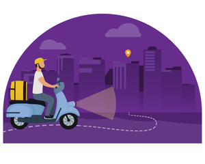 Night food delivery vector illustration. Courier man on scooter with flashlight and yellow parcel box on the back. Route with dash line trace and finish point. Night cityscape on background.