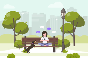 Young woman sitting in city park and sending messages with smartphone. Stock vector. People and mobile technology flat illustration, chat, mobile messengers, communication in the modern world.