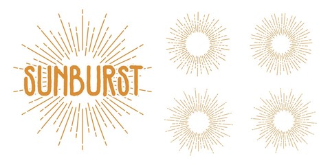 Fototapeta premium Set of Vintage Sunbursts gold style, isolated on white background for logo, tag, stamp, tshirt, banner, emblem. Vector Illustration