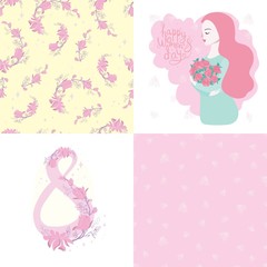 8 March. Happy Women's Day. The figure eight braided flowers. Spring holiday. Card design with hand drawn floral ornament. Colorful background with blossom. Size A4. Vector illustration, eps10