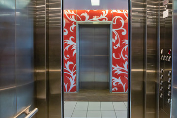 modern stainless steel elevator, view from indoors