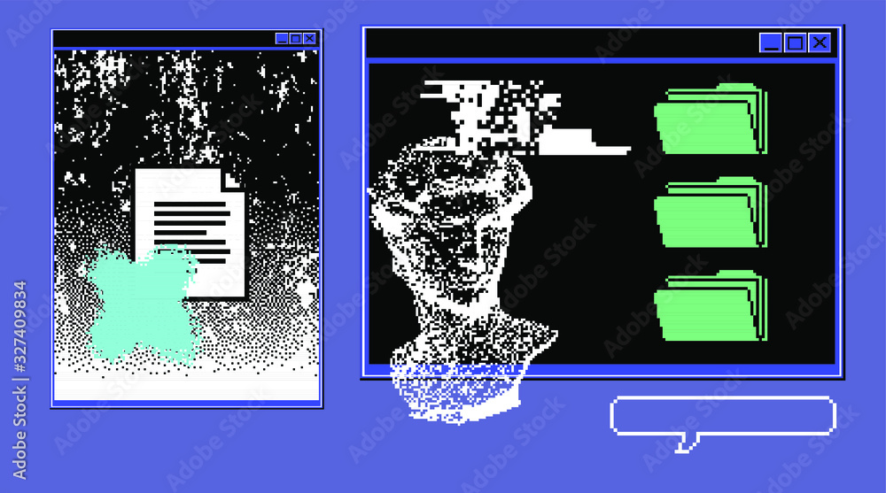 Aufkleber pixel art ilustration with retro 80's ui and ux elements. vaporwave and retrowave style collage.