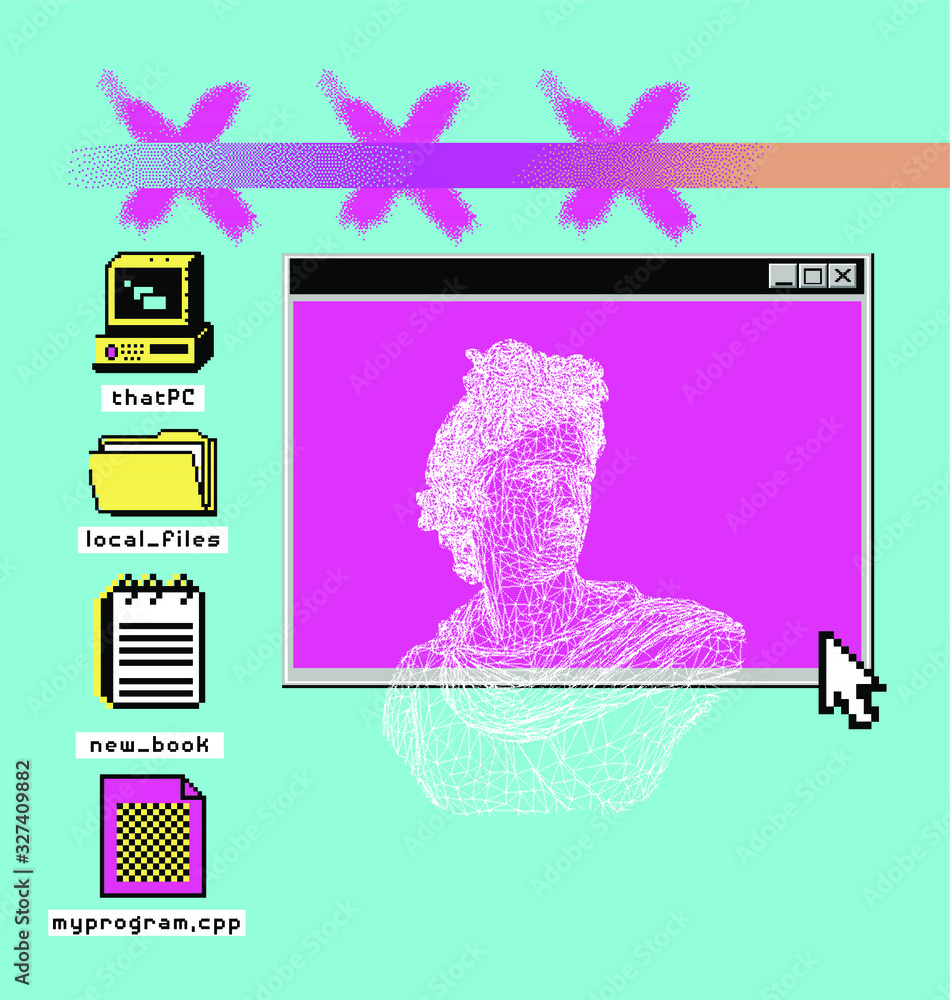 Poster pixel art ilustration with retro 80's ui and ux elements, statue of apollo belvedere. vaporwave and 
