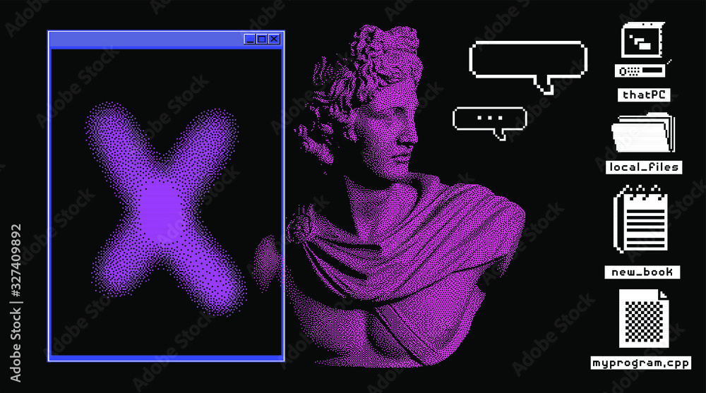 Poster Pixel art ilustration with retro 80's UI and UX elements, statue of Apollo Belvedere. Vaporwave and retrowave style collage.