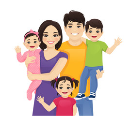 Parents with newborn baby, toddler boy and girl vector illustration isolated. Happy asian family portrait. Mother, father, daughter, son.