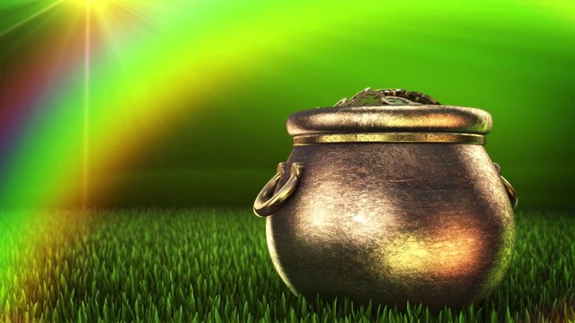 Shamrock. St. Patrick's Day symbols pot of gold background. Patrick Day coins with shamrock leaf. Patrick Day pub party. Alpha channel