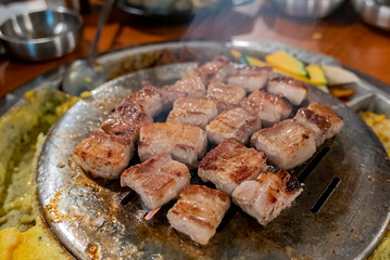 close up shot of Korean style BBQ meat