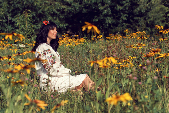 Girl In A Folk Costume In A National Park