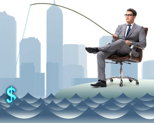 Businessman fishing out dollars from water