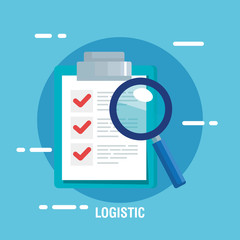 delivery logistic service with checklist and magnifying glass vector illustration design