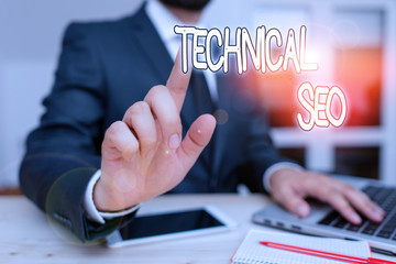 Handwriting text Technical Seo. Conceptual photo Optimization of website that doesn t involve the...