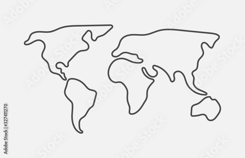 World Map Hand Drawn Simple Stylized Continents Silhouette In Minimal Line Outline Thin Shape Wall Mural Prostoira777