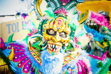 closeup human in pied mask and costume poses for photo at dominican carnival