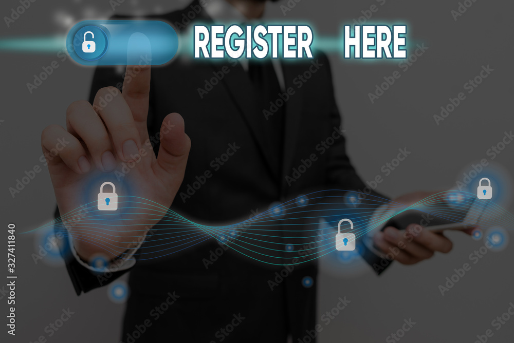 Poster conceptual hand writing showing register here. concept meaning put your name on an official list in 