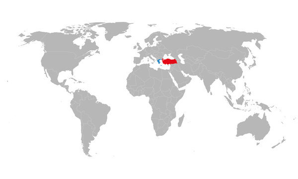 Turkey, Greece Map Highlighted On World Map. Gray Background. Business Concepts, Bilateral Trade And Tourism.