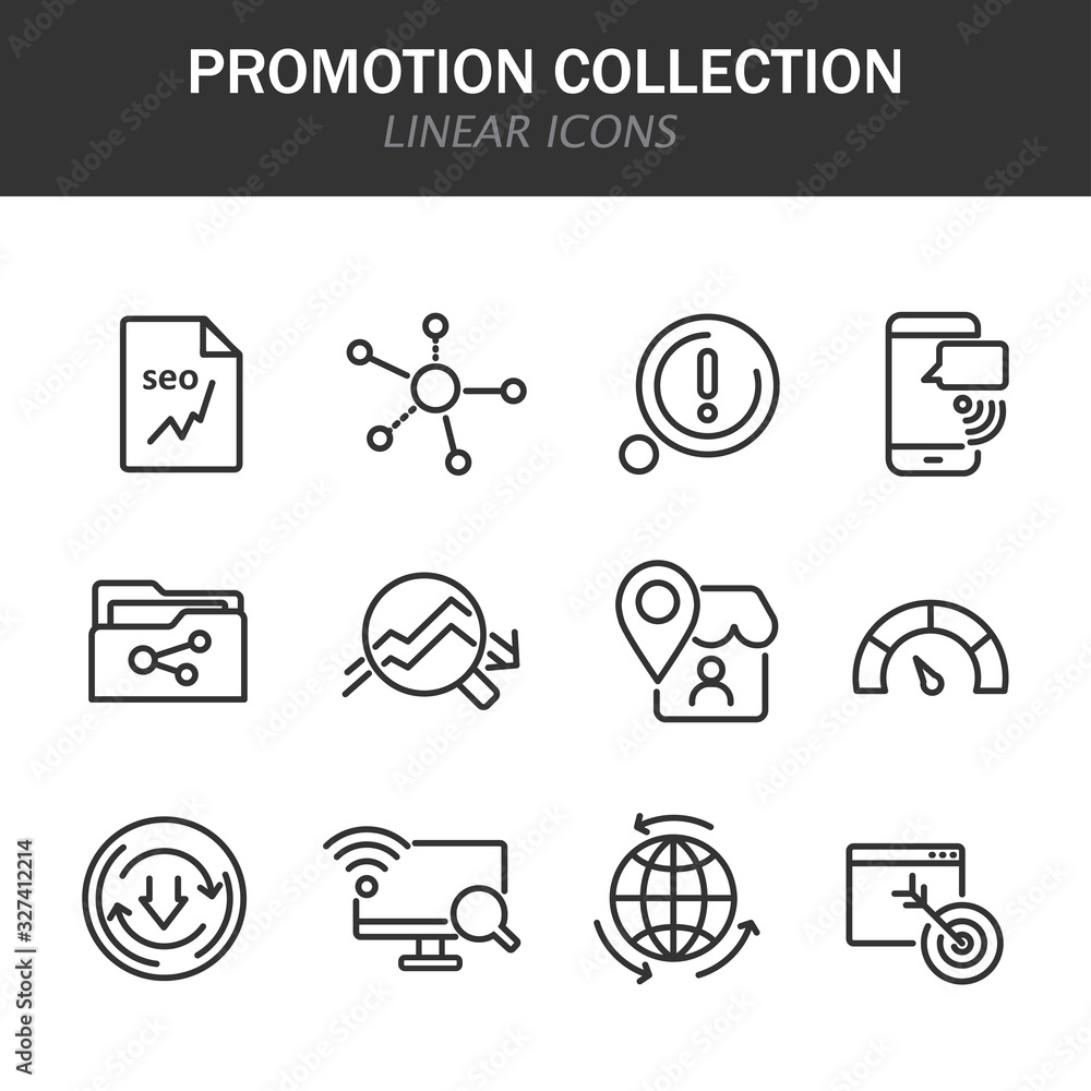 Poster promotion collection linear icons in black on a white background