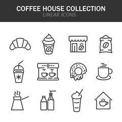 Coffee house collection linear icons in black on a white background