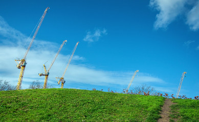 Fototapeta na wymiar Green grass on a hill revealing yellow cranes against a blue sky. Vivid colours and optimistic mood of building and development. 