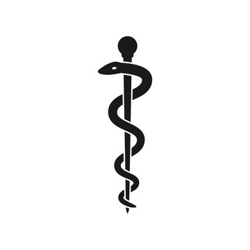 Rod of Asclepius pharmacy black vector icon. Health or medicine symbol snake.