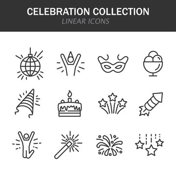Celebration collection linear icons in black on a white background