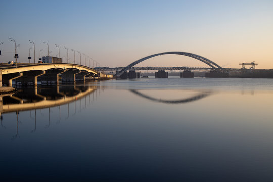 View across the Dnieper River to the bridge under construction. Near the Havana bridge in Kiev