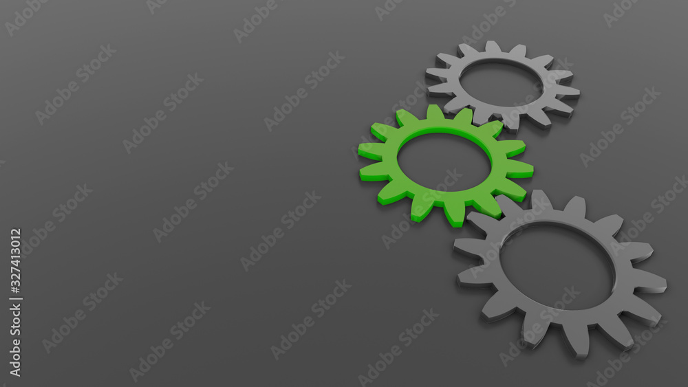 Poster abstract background of 3 gears on right side, one green on grey background empty space for text