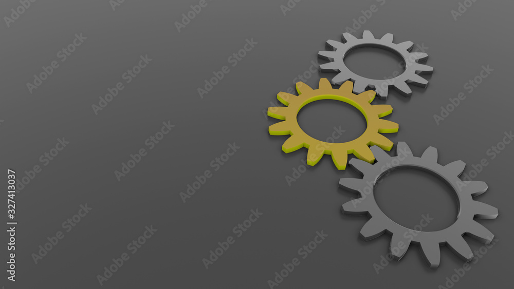 Poster abstract background of 3 gears on right side, one yellow on grey background empty space for text