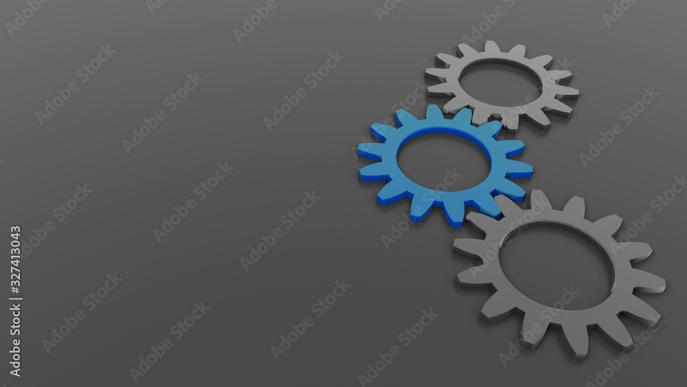 Poster abstract background of 3 gears on right side, one blue on grey background empty space for text