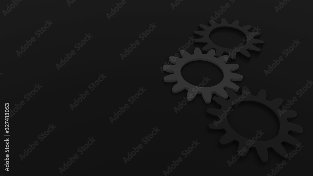 Poster abstract black background of 3 gears on right side on grey background empty space for text