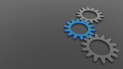 Abstract background of 3 gears on right side, one blue on grey background empty space for text