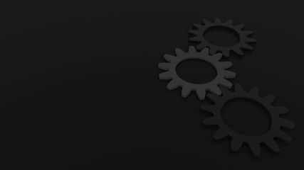 Abstract black background of 3 gears on right side on grey background empty space for text