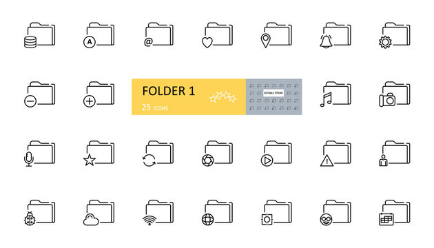 Vector set of folder icons. 25 images with editable strokes - reminder, music, alarm clock, star, plus, minus, wifi, lens, warning, camera, character, calendar.