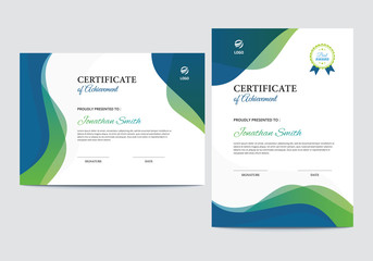 Vertical and Horizontal abstract waves certificate template || Colored Blue and Green Waves Background