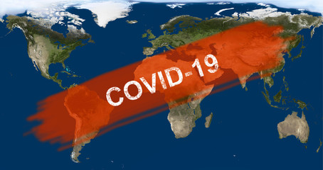 COVID-19 on world map. Coronavirus pandemic and global crisis concept. Elements of this image...