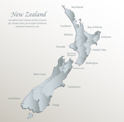 New Zealand map, administrative division with names, white blue card paper 3D vector