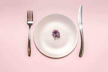 Top view of a lilac branch lies on a ceramic pink plate. Knife and fork on the table, flat lay style. Diet metaphor, nutrition plan concept
