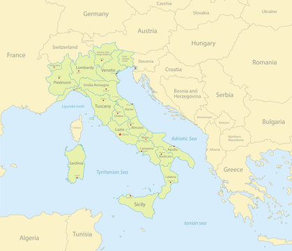 Italy map with neighboring states, administrative division and names with cities, classic maps design vector