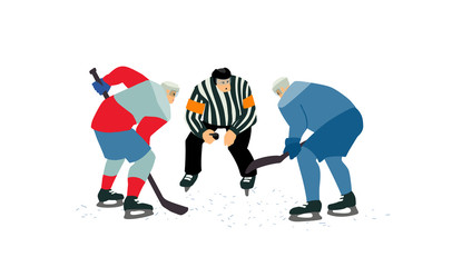 Two ice hockey players going for the puck. Referee holding a puck in face off position. 