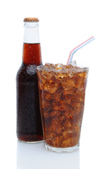 Glass of Cola with Drinking Straw and Bottle
