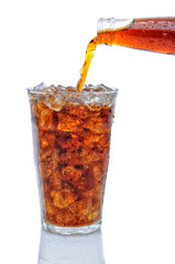 Cola Pouring from Bottle into Glass of Ice