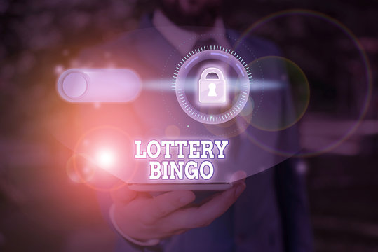 Word writing text Lottery Bingo. Business photo showcasing game of chance in which each player matches numbers printed