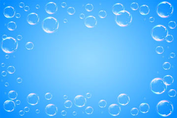Soap bubbles frame on blue background. Vector illustration