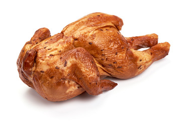 Smoked whole chicken, isolated on white background