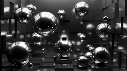 Black spheres in a dark room room. Glossy black balls in 3D.