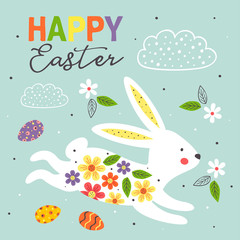 greeting card with white easter bunny on blue background   - vector illustration, eps    